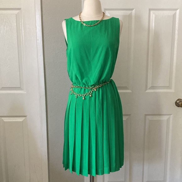 VINTAGE Ralph Lauren Green Pleated Chiffon Dress Size 10 - Picture 3 of 12